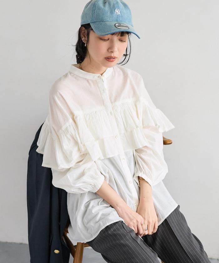 荷葉邊長袖印度薄紗女襯衫