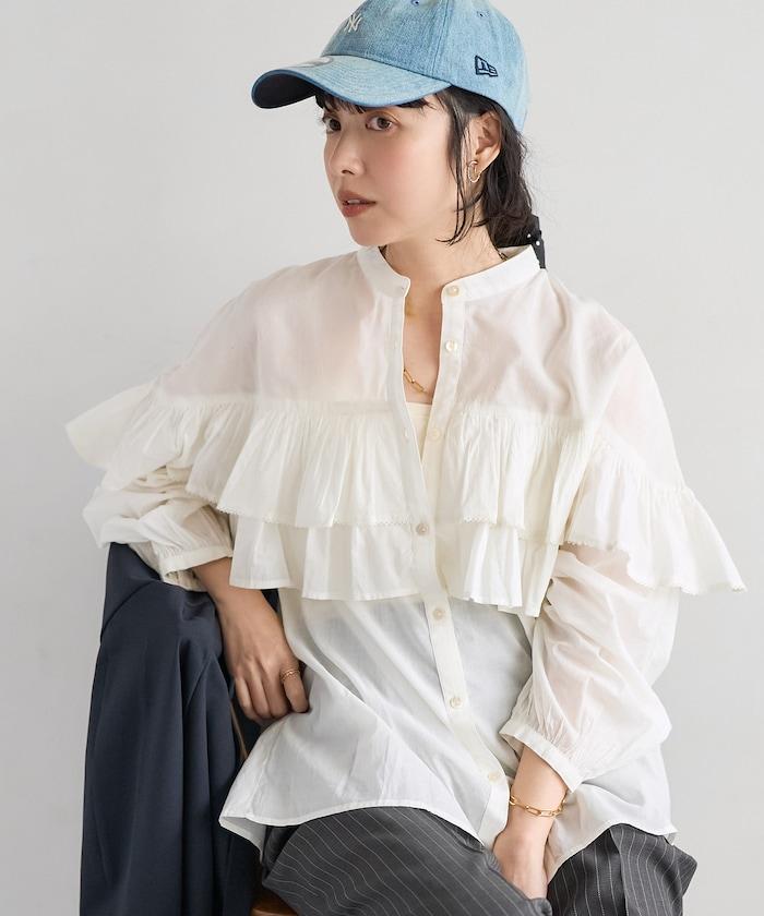 荷葉邊長袖印度薄紗女襯衫