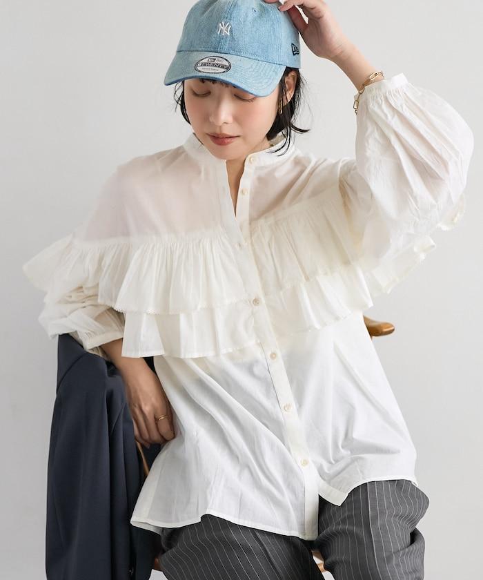 荷葉邊長袖印度薄紗女襯衫