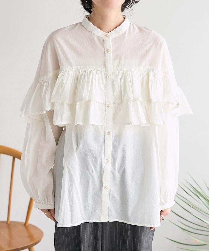 荷葉邊長袖印度薄紗女襯衫