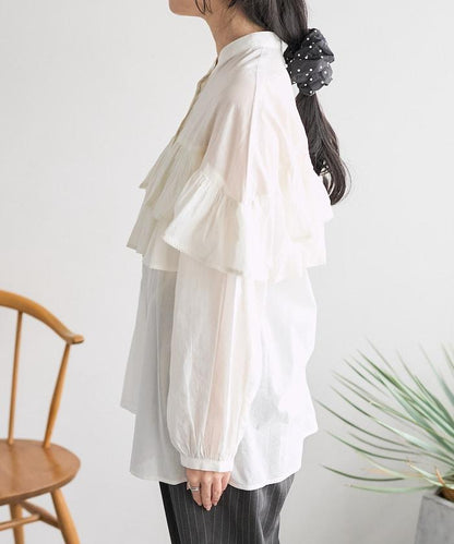荷葉邊長袖印度薄紗女襯衫