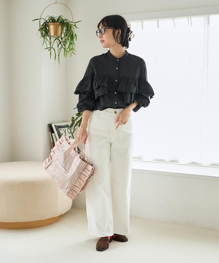 荷葉邊長袖印度薄紗女襯衫