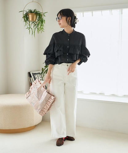 荷葉邊長袖印度薄紗女襯衫