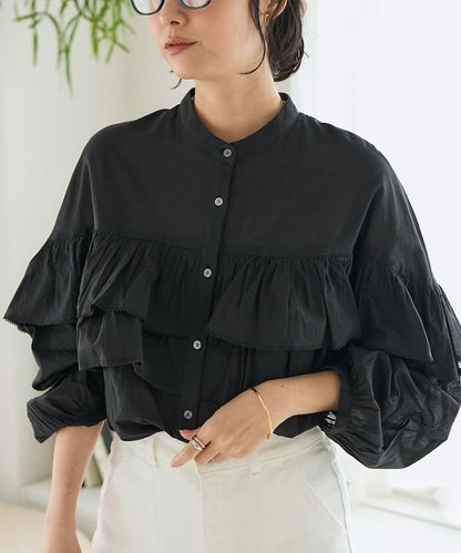 荷葉邊長袖印度薄紗女襯衫