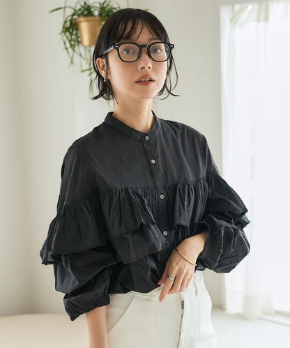 荷葉邊長袖印度薄紗女襯衫