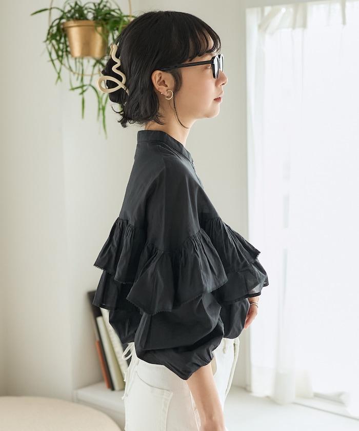 荷葉邊長袖印度薄紗女襯衫