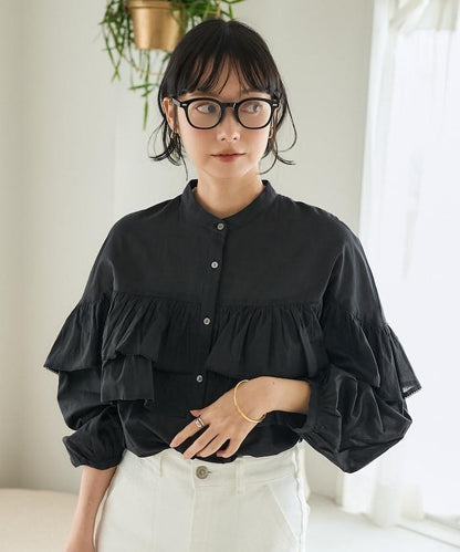 荷葉邊長袖印度薄紗女襯衫