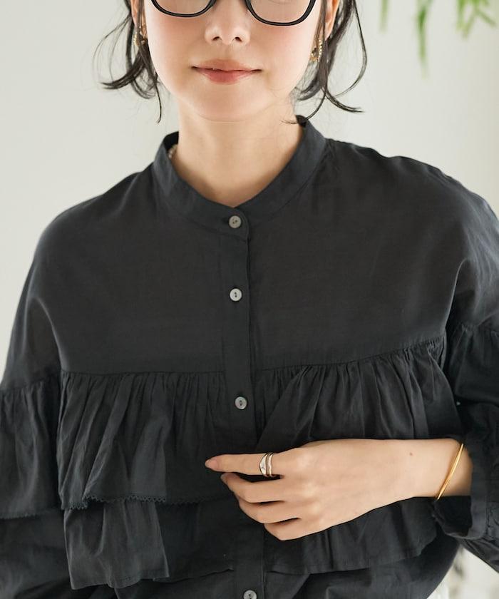 荷葉邊長袖印度薄紗女襯衫