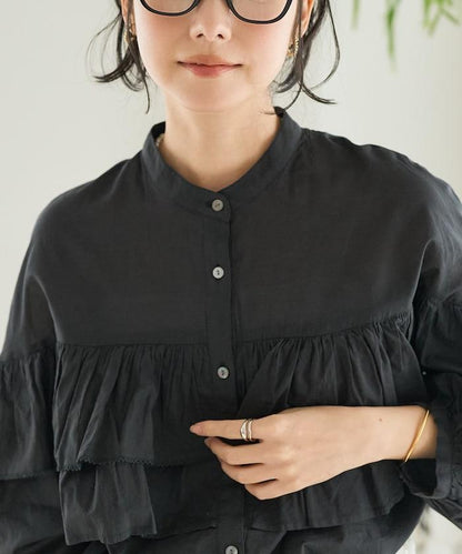 荷葉邊長袖印度薄紗女襯衫