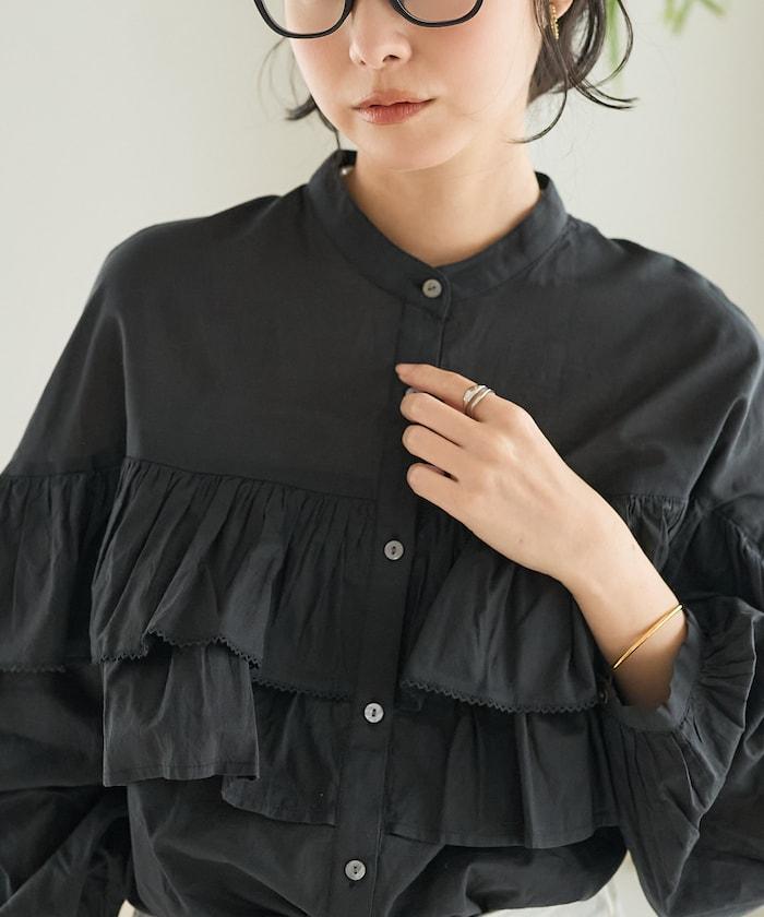 荷葉邊長袖印度薄紗女襯衫