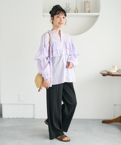 荷葉邊長袖印度薄紗女襯衫