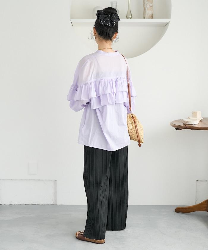 荷葉邊長袖印度薄紗女襯衫