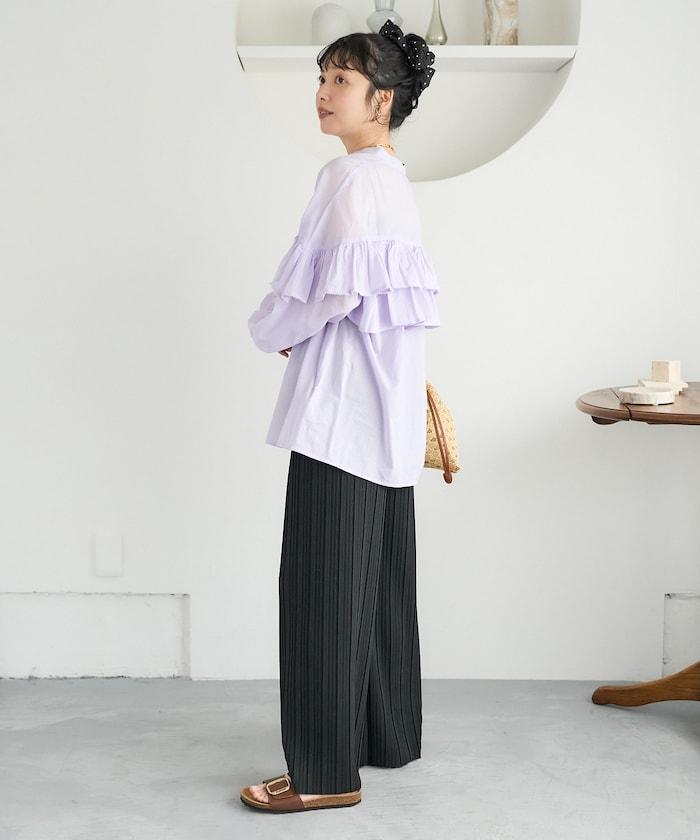 荷葉邊長袖印度薄紗女襯衫