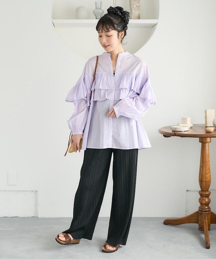 荷葉邊長袖印度薄紗女襯衫