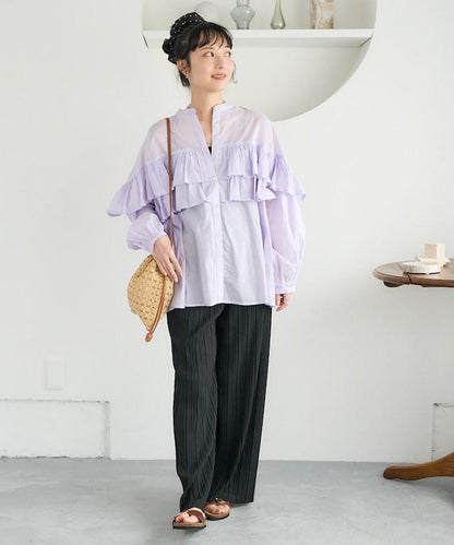 荷葉邊長袖印度薄紗女襯衫