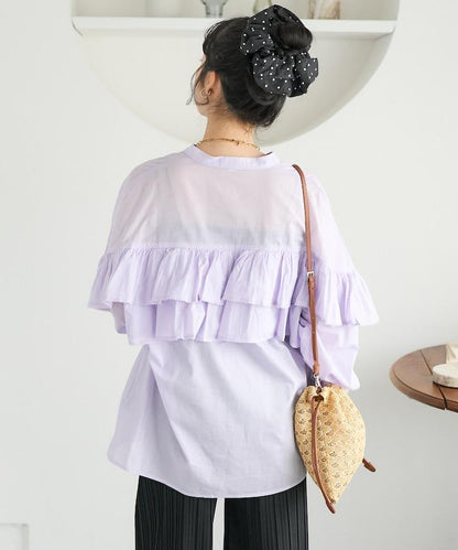 荷葉邊長袖印度薄紗女襯衫