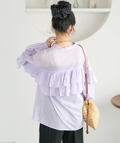 荷葉邊長袖印度薄紗女襯衫