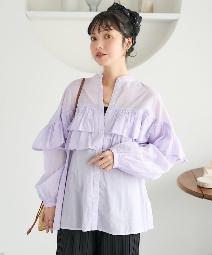 荷葉邊長袖印度薄紗女襯衫