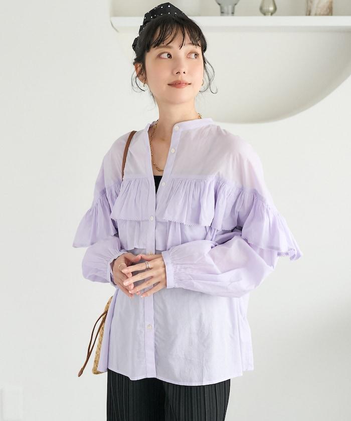 荷葉邊長袖印度薄紗女襯衫
