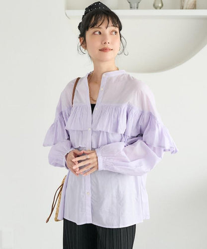 荷葉邊長袖印度薄紗女襯衫