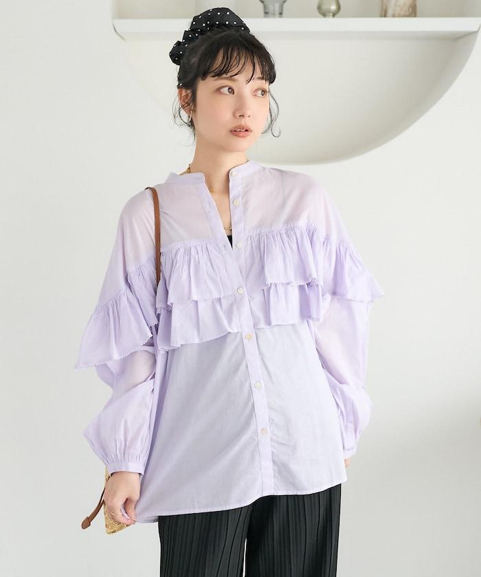 荷葉邊長袖印度薄紗女襯衫