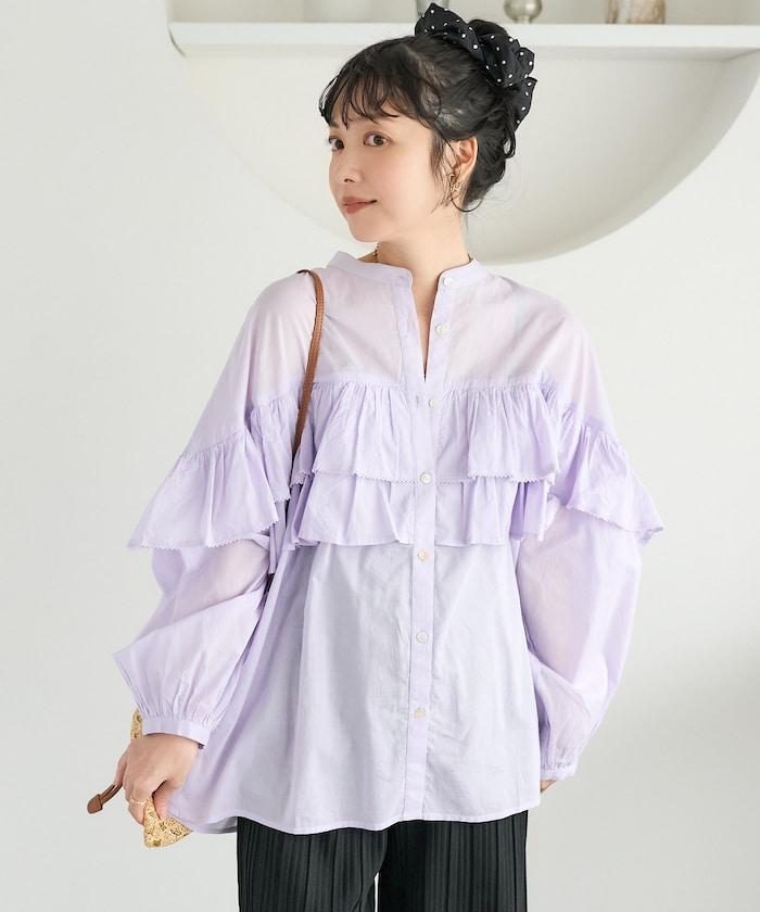 荷葉邊長袖印度薄紗女襯衫