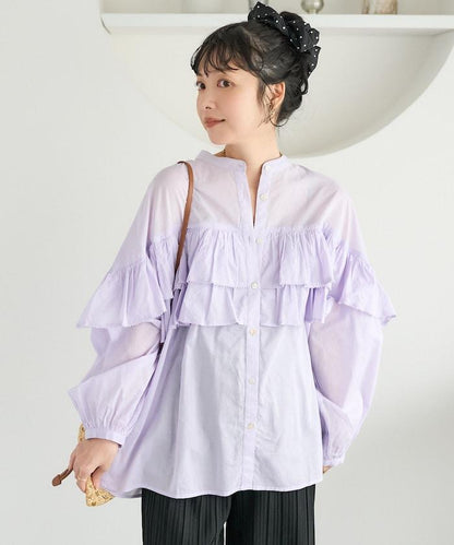 荷葉邊長袖印度薄紗女襯衫