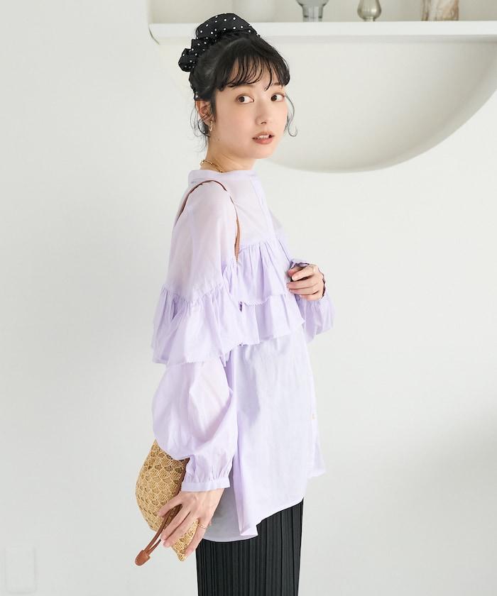 荷葉邊長袖印度薄紗女襯衫