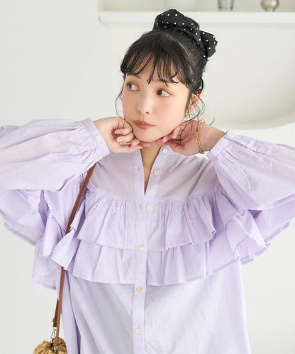 荷葉邊長袖印度薄紗女襯衫