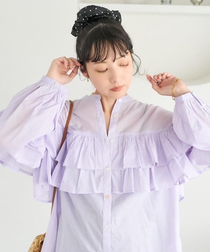 荷葉邊長袖印度薄紗女襯衫