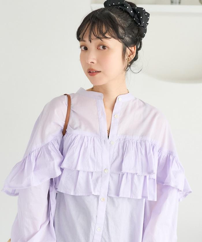 荷葉邊長袖印度薄紗女襯衫