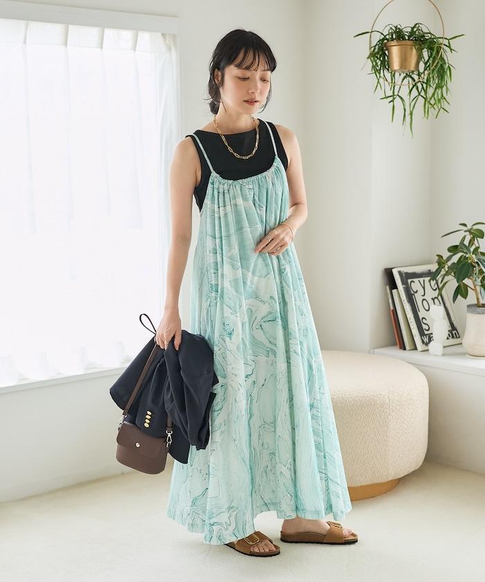 印度大理石印花吊帶連衣裙