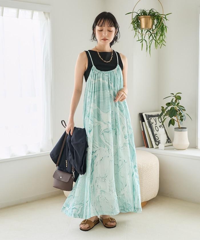 印度大理石印花吊帶連衣裙