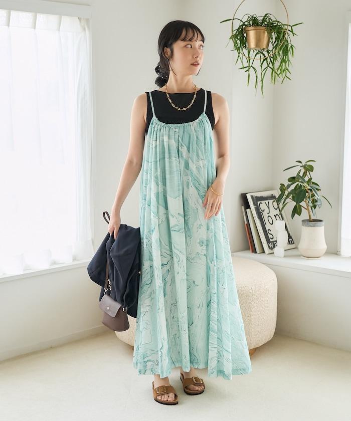 印度大理石印花吊帶連衣裙