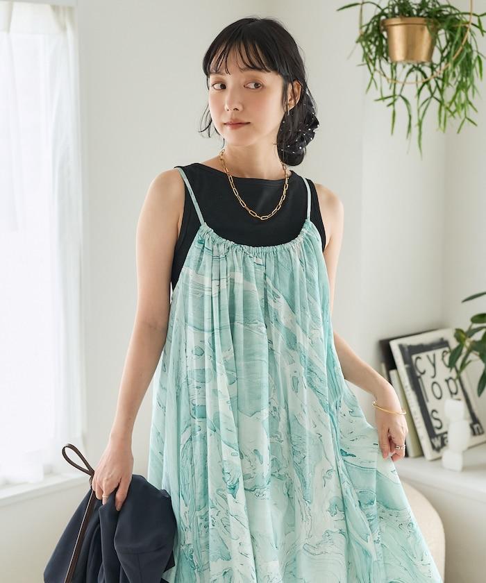 印度大理石印花吊帶連衣裙