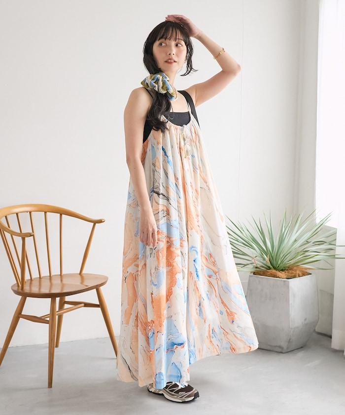 印度大理石印花吊帶連衣裙