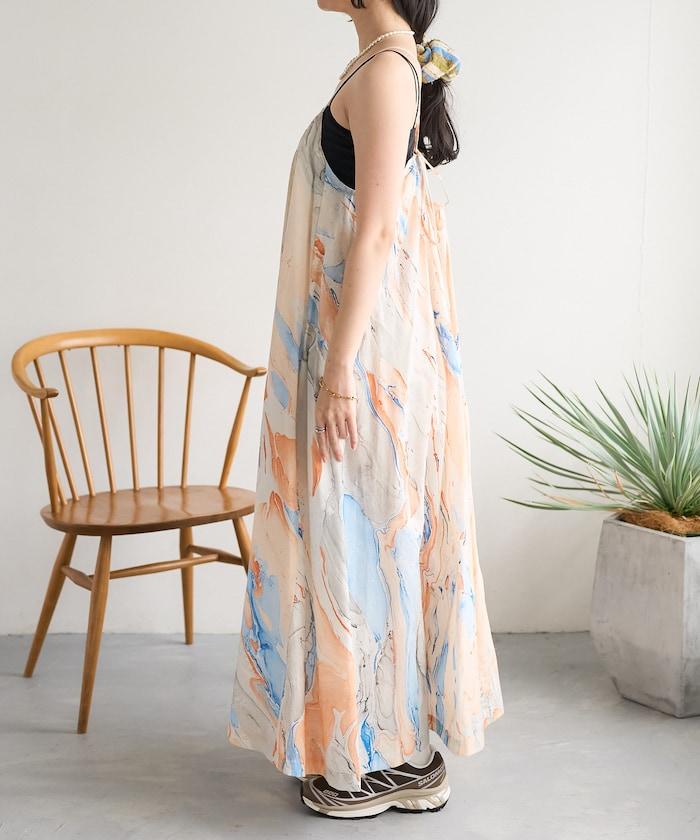 印度大理石印花吊帶連衣裙