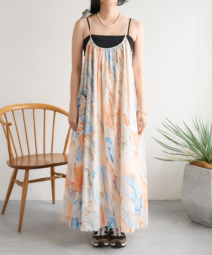 印度大理石印花吊帶連衣裙