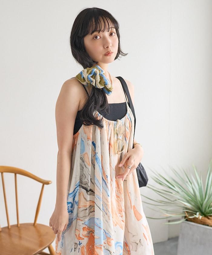 印度大理石印花吊帶連衣裙