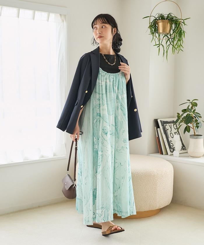 印度大理石印花吊帶連衣裙