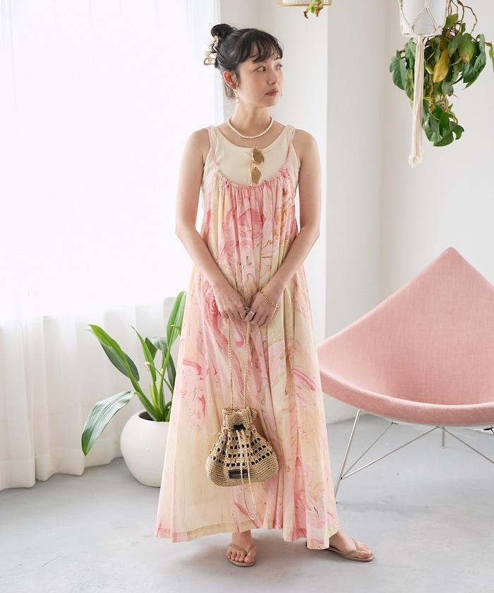 印度大理石印花吊帶連衣裙