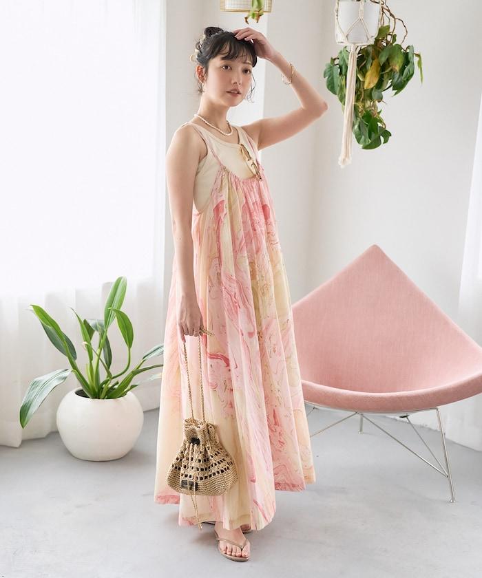 印度大理石印花吊帶連衣裙