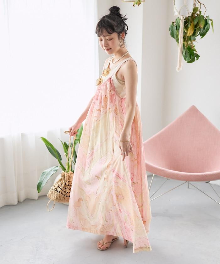 印度大理石印花吊帶連衣裙