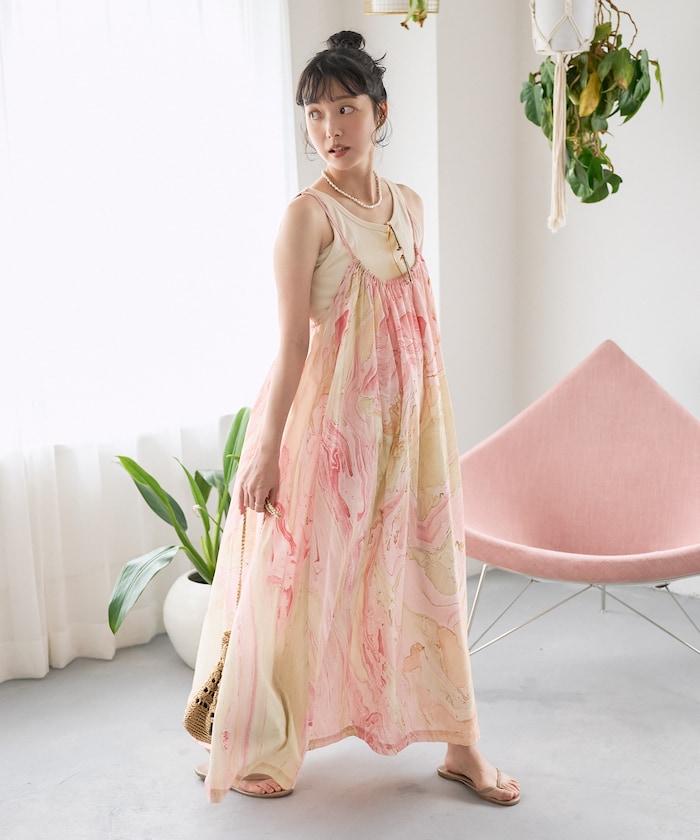 印度大理石印花吊帶連衣裙