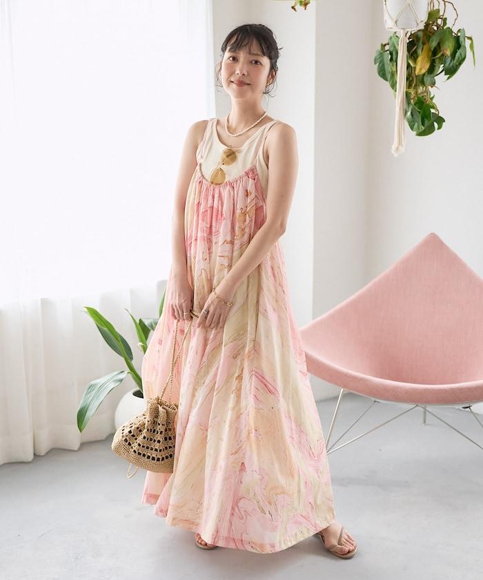 印度大理石印花吊帶連衣裙