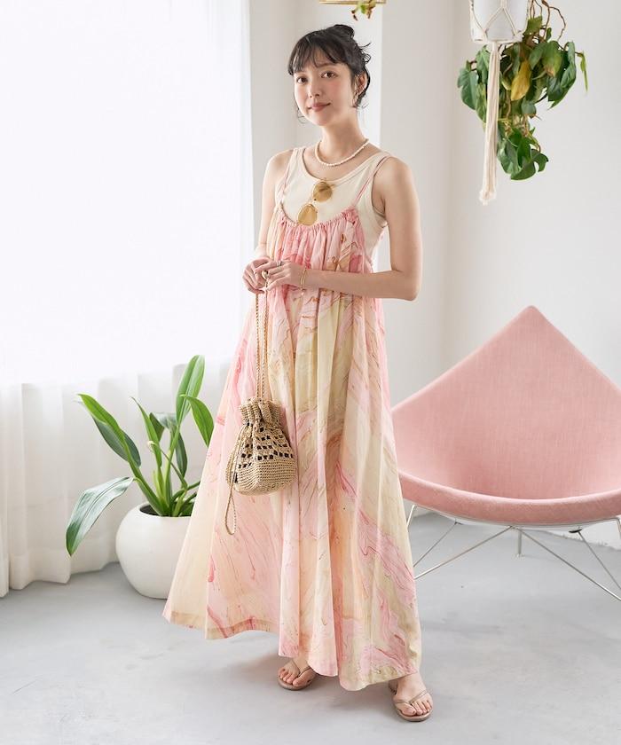 印度大理石印花吊帶連衣裙