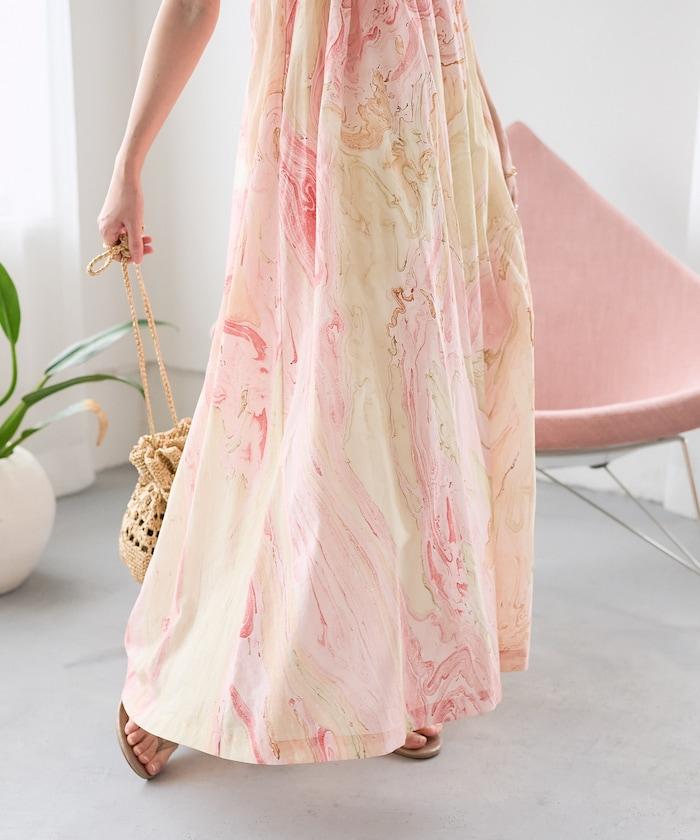 印度大理石印花吊帶連衣裙