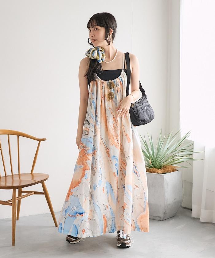 印度大理石印花吊帶連衣裙