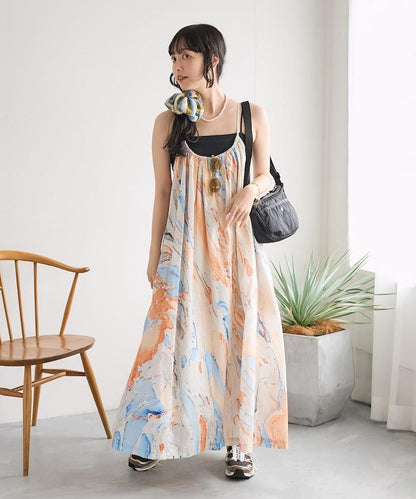 印度大理石印花吊帶連衣裙