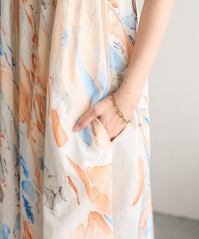 印度大理石印花吊帶連衣裙